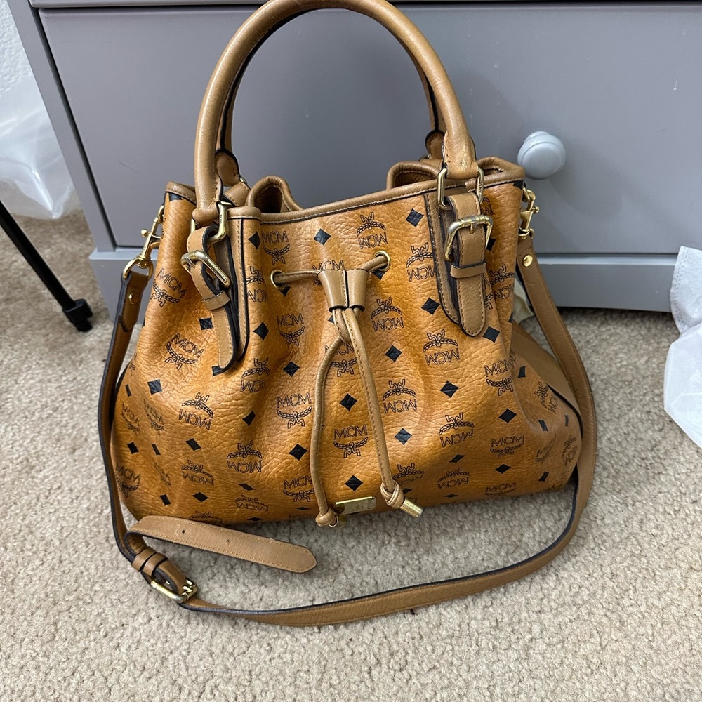 MCM Cognac Logo Visetos Drawstring Shoulder Bag